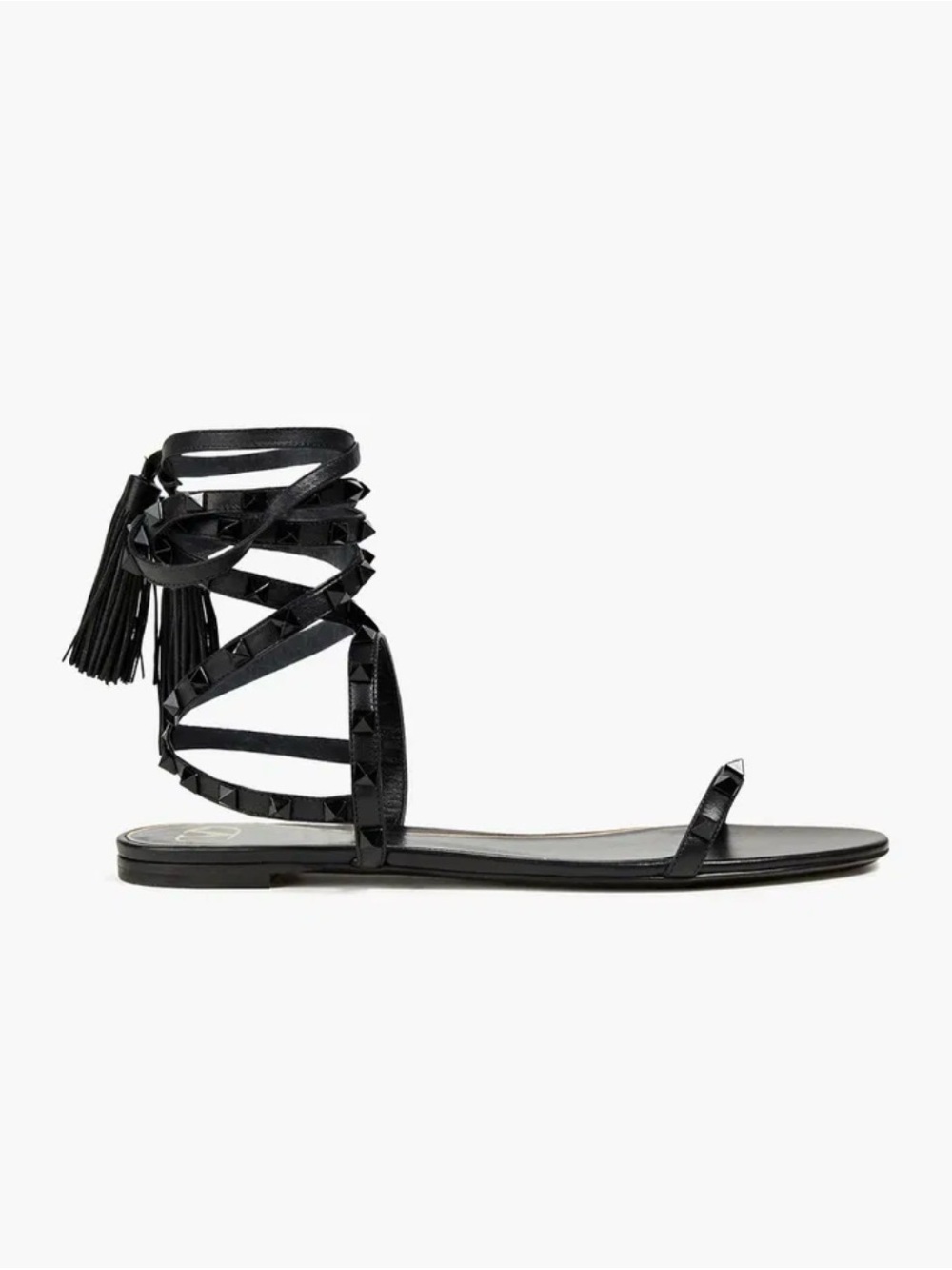 Valentino Garavani Black Studded Lace-Up Tassel Flat Sandal